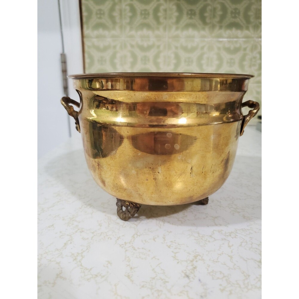 VTG Brass Double Handled Footed Planter Pot 4.5” H 6”Diam India Exotics Inc.